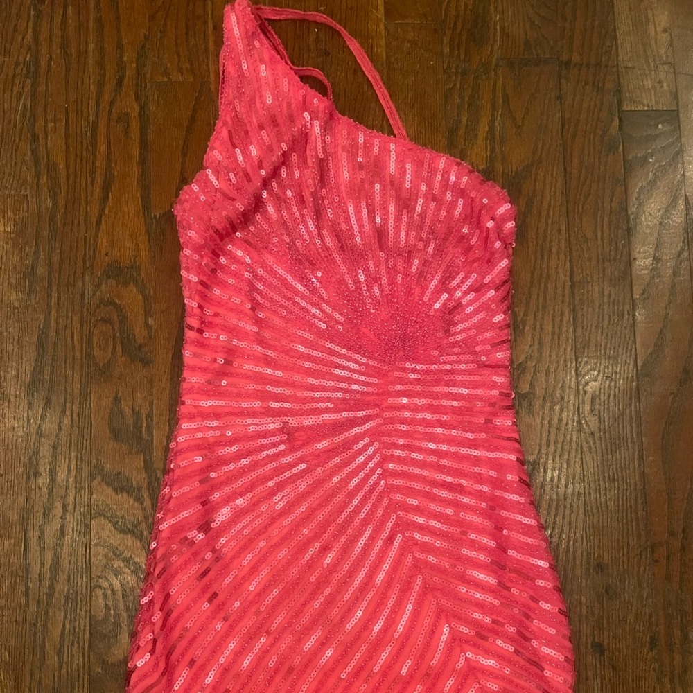 Hot pink, one shoulder sequined homecoming dress